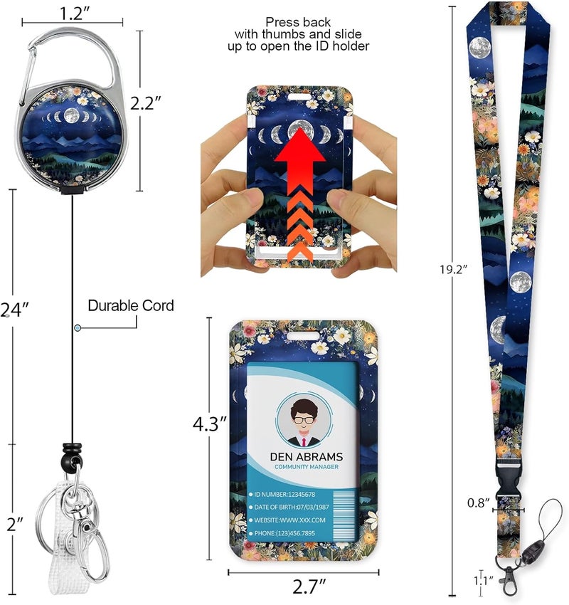 Piefly Lanyards for Id Badges, Badge Holder with Retractable Reel Clip, Detachable Moon Mountain Flower Night Work Name Tag Lanyard Vertical ID Card Protector for Women Nurse Doctor Teacher Student - Image 5